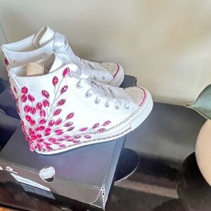 White High-Top Custom Converse All Star Wedge Sneakers with Pink Embellishments